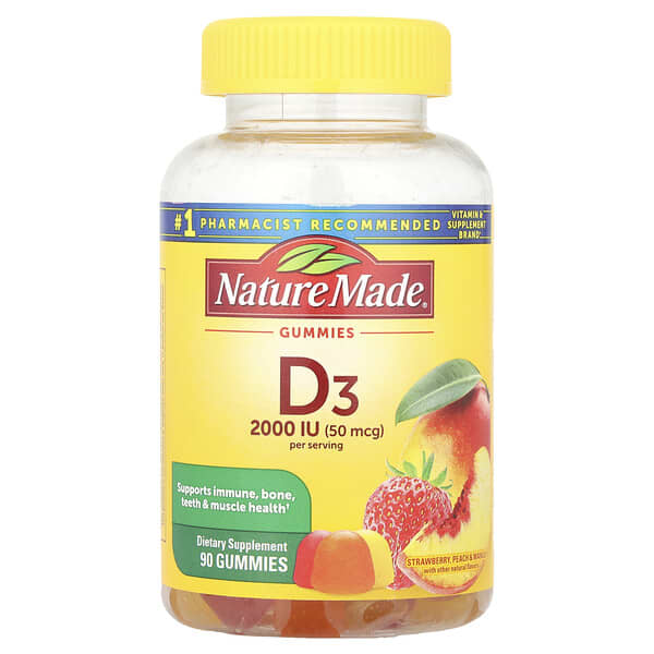 Nature Made Vitamin D3 Gummies, Strawberry, Peach & Mango, 90 Gummies, (25 mcg (1000 IU) per Gummy)