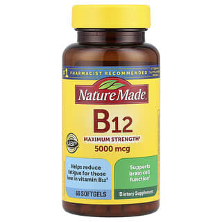 Nature Made, Vitamina B12, Máxima concentración, 5000 mcg, 60 cápsulas blandas