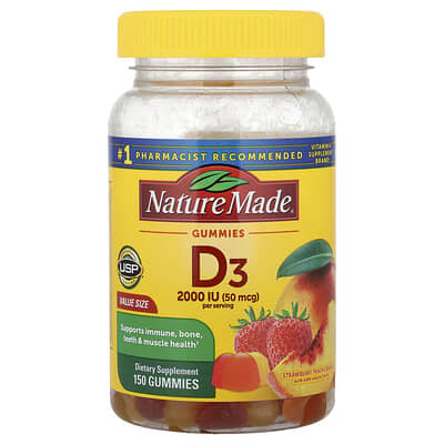 Nature Made, Vitamin D3 Gummies, Strawberry, Peach & Mango, 150 Gummies (50 mcg (1,000 IU) per Gummy)