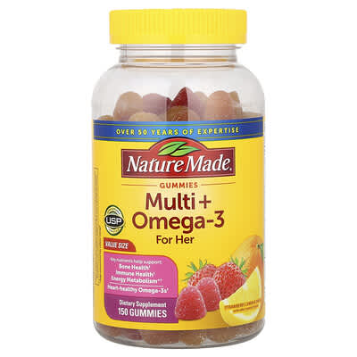 Nature Made, Multi + Omega-3 Gummies, For Her, Strawberry Lemon & Orange, 150 Gummies