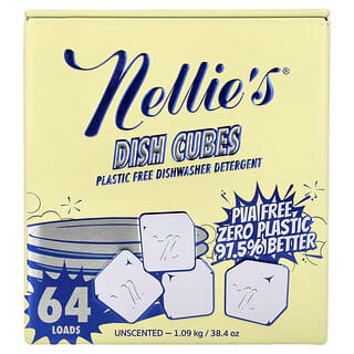 Nellie's, Dish Cubes, Plastic Free Dishwasher Detergent, Unscented, 64 Loads, 38.4 oz (1.09 kg)
