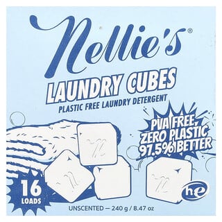 Nellie's, Cubos para la ropa, Detergente para la ropa sin plástico, Sin fragancia, 16 cargas, 240 g (8,47 oz)