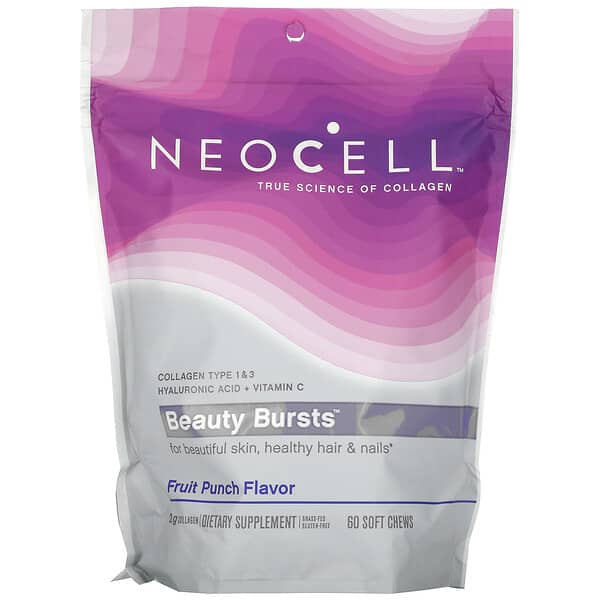نيوسيل‏, Collagen Beauty قطع الجمال بالكولاجين الطرية القابلة للمضغ، عصير البنش (مزيج الفواكه)، 1 جم، 60 قطعة مضغ طرية