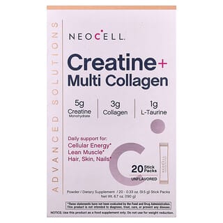 NeoCell, Avanserte løsninger, kreatin + multikollagen, uten smak, 20 stiftpakker, 9,5 g per stk.