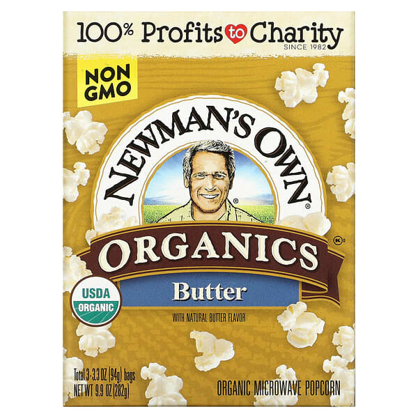 Newman's Own Organics‏, فشار عضوي في الميكروويف ، زبدة ، 3 أكياس ، 3.3 أونصة (94 جم) لكل كيس