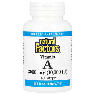 Natural Factors, Vitamine A, 3000 µg (10 000 UI), 180 capsules à enveloppe molle