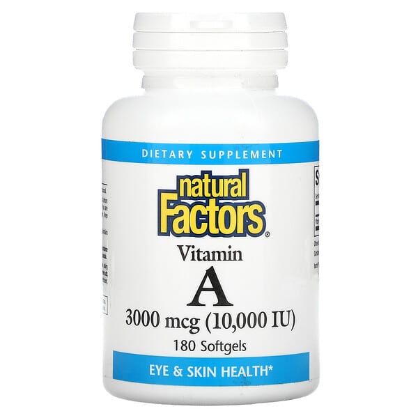 Natural Factors, Vitamine A, 3000 µg (10 000 UI), 180 capsules à enveloppe molle
