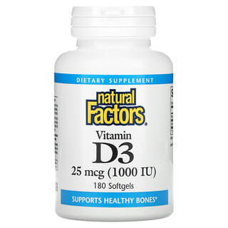 Natural Factors, Vitamina D3, 25 mcg (1000 UI), 180 cápsulas blandas