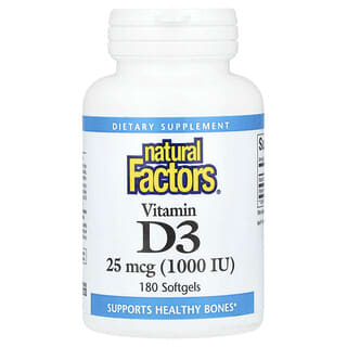 Natural Factors, Vitamine D3, 25 µg (1000 UI), 180 capsules à enveloppe molle