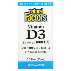 Natural Factors, Gotas de vitamina D3, sin sabor, 25 mcg (1000 UI), 15 ml (0,5 oz. Líq.)