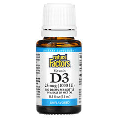 Natural Factors, Gouttes de vitamine D3, non aromatisées, 25 µg (1000 UI), 15 ml