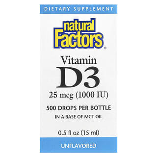 Natural Factors, Gotas de vitamina D3, sin sabor, 25 mcg (1000 UI), 15 ml (0,5 oz. Líq.)