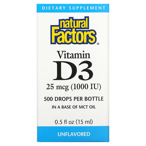 Natural Factors, Gotas de vitamina D3, sin sabor, 25 mcg (1000 UI), 15 ml (0,5 oz. Líq.)