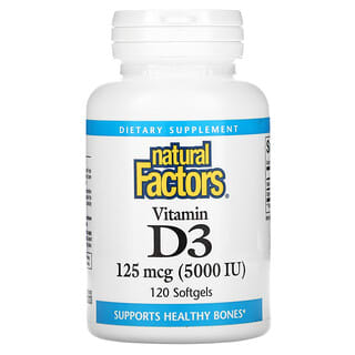 Natural Factors, Витамин D3, 125 мкг (5000 МЕ), 120 мягких желатиновых капсул