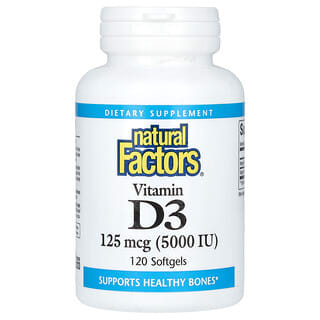Natural Factors, Vitamin D3, 125 mcg (5.000 IU), 120 Weichkapseln