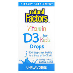 Natural Factors, Gotas de vitamina D3 para niños, sin sabor, 10 mcg (400 UI), 15 ml (0,5 oz. Líq.)