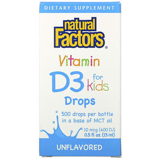 Natural Factors, Gotas de vitamina D3 para niños, sin sabor, 10 mcg (400 UI), 15 ml (0,5 oz. Líq.)