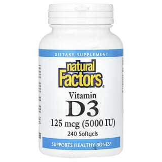 Natural Factors‏, "ויטמין D3, ‏125 מק""ג (5,000 יחב״ל), 240 כמוסות רכות."