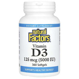 Natural Factors‏, ויטמין D3‏, 125 מק"ג (5,000 יחב"ל), 360 כמוסות רכות