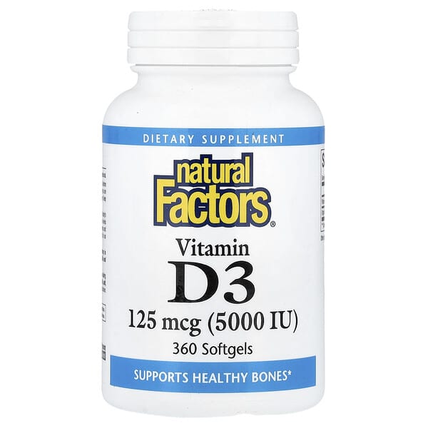 Natural Factors, Vitamin D3, 125 mcg (5,000 IU), 360 Softgels — product photo 1