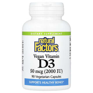Natural Factors, Vitamina D3 Vegana, 50 mcg (2.000 UI), 90 Cápsulas Vegetarianas