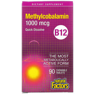 Natural Factors, вітамін B12, метилкобаламін, 1000 мкг, 90 жувальних таблеток