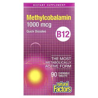 Natural Factors, B12, Mecobalamina, 1.000 mcg, 90 Comprimidos Mastigáveis