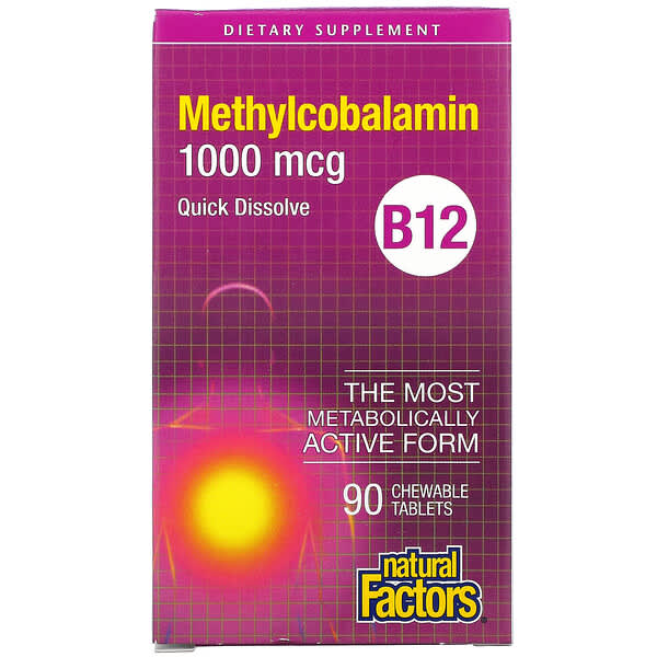 Natural Factors, B12, Mecobalamina, 1.000 mcg, 90 Comprimidos Mastigáveis