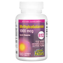 Natural Factors, B12, Mecobalamina, 1.000 mcg, 180 Comprimidos Mastigáveis