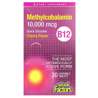 Natural Factors, B12 Metilcobalamina, Cereza, 10.000 mcg, 30 comprimidos masticables
