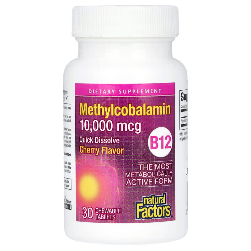 B12 Methylcobalamin, Cherry, 10,000 mcg, 30 Chewable Tablets
