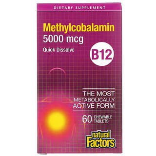 Natural Factors, B12, Méthylcobalamine, 5000 µg, 60 comprimés à croquer