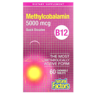 Natural Factors, Mecobalamina, B12, 5.000 mcg, 60 Comprimidos Mastigáveis