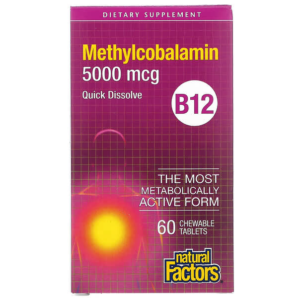 Natural Factors, B12, Methylcobalamin, 5,000 mcg, 60 Chewable Tablets