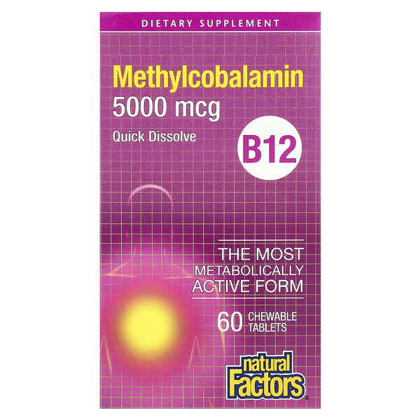 Natural Factors, B12, メチルコバラミン, 5,000 mcg, 60錠（チュアブル）