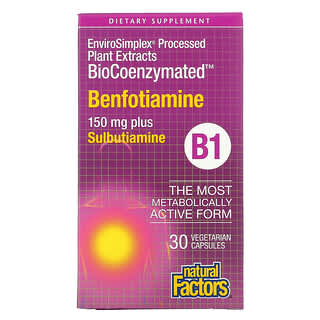 Natural Factors‏, "BioCoenzymated‏, B1‏, בנפותיאמין בתוספת סולבוטיאמין, 150 מ""ג, 30 כמוסות צמחיות"