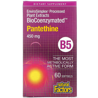 Natural Factors, BioCoenzymated, B5, Pantetina, 450 mg, 60 cápsulas blandas