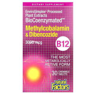 Natural Factors, BioCoenzymated, Metilcobalamina y dibencozida, Vitamina B12, 3000 mcg, 30 comprimidos masticables