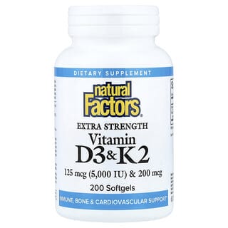 Natural Factors, Vitaminas D3 y K2, 200 cápsulas blandas