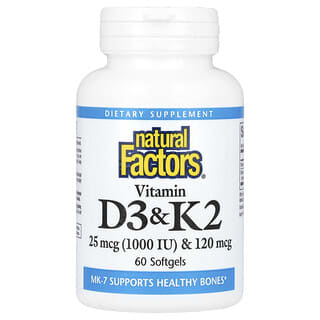 Natural Factors, Vitamina D3 e K2, 25 mcg (1.000 UI) e 120 mcg, 60 Cápsulas Softgel