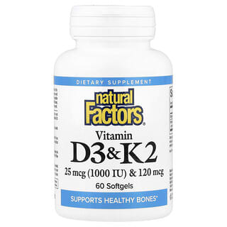 Natural Factors, Vitamin D3 & K2, 25 mcg (1,000 IU) & 120 mcg, 60 Softgels
