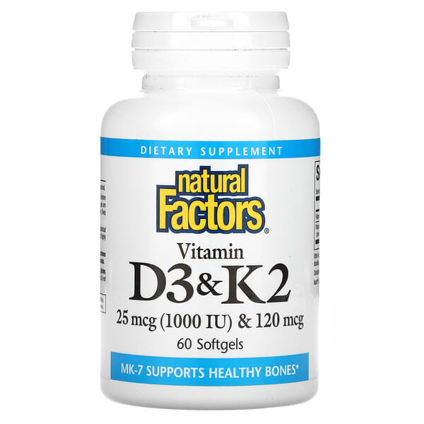 Natural Factors, Vitaminas D3 y K2, 60 cápsulas blandas
