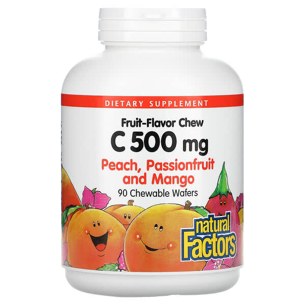 Natural Factors‏, Fruit-Flavor Chew, Vitamin C, Peach, Passionfruit and Mango, 500 mg, 90 Chewable Wafers