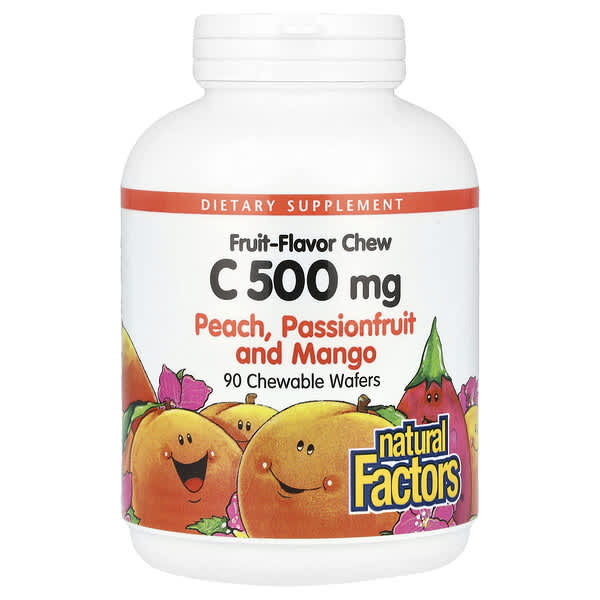 Natural Factors Fruit-Flavor Chew Vitamin C, Peach, Passionfruit and Mango, 500 mg, 90 Chewable Wafers