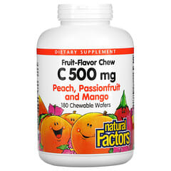 Natural Factors, витамин C в жевательной форме, со вкусом персика, маракуйи и манго, 500 мг, 180 жевательных конфет