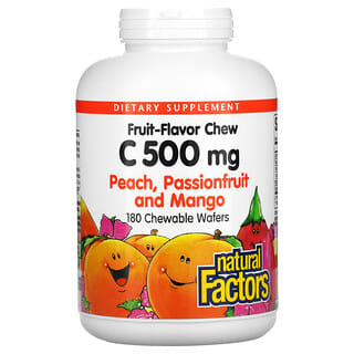 Natural Factors, Vitamina C masticable con sabor a frutas, melocotón, maracuyá y mango, 500 mg, 180 obleas masticables