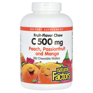 Natural Factors, Vitamina C masticable con sabor a frutas, melocotón, maracuyá y mango, 500 mg, 180 obleas masticables