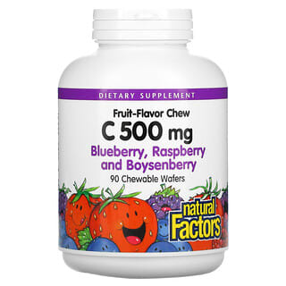 Natural Factors, жевательные таблетки с витамином C со вкусом фруктов, голубика, малина и бойзенова ягода, 500 мг, 90 шт.