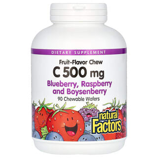 Natural Factors, Sabor de Frutas, Vitamina C, Mirtilo, Framboesa e Boysenberry, 500 mg, 90 Bolachas Mastigáveis