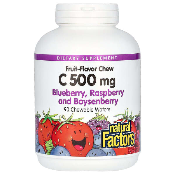 Natural Factors Vitamin C Fruit-Flavor Chew, Blueberry, Raspberry and Boysenberry, 500 mg, 90 Chewable Wafers
